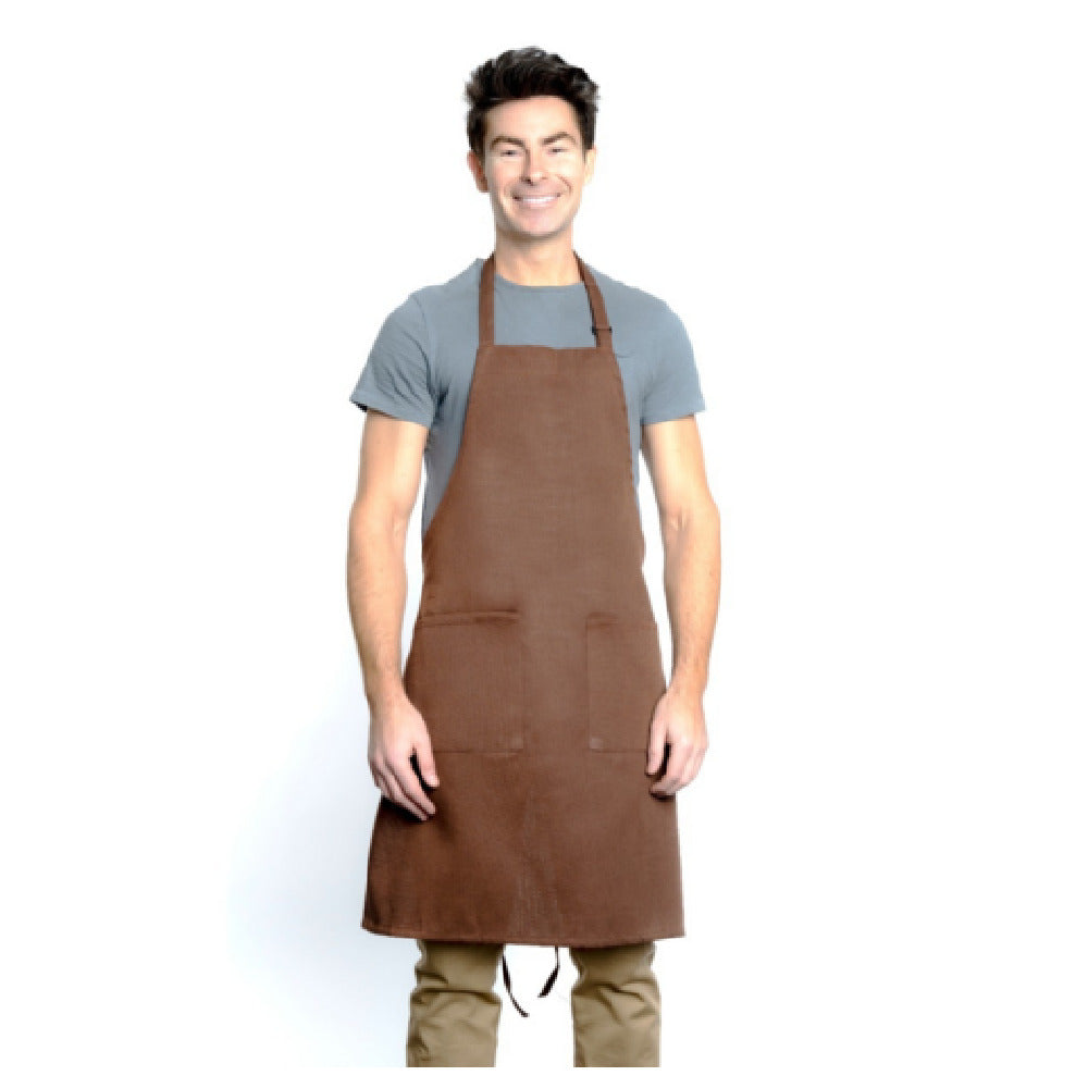 32" Poly-Cotton Brown Bib Apron with 2 Front Pockets