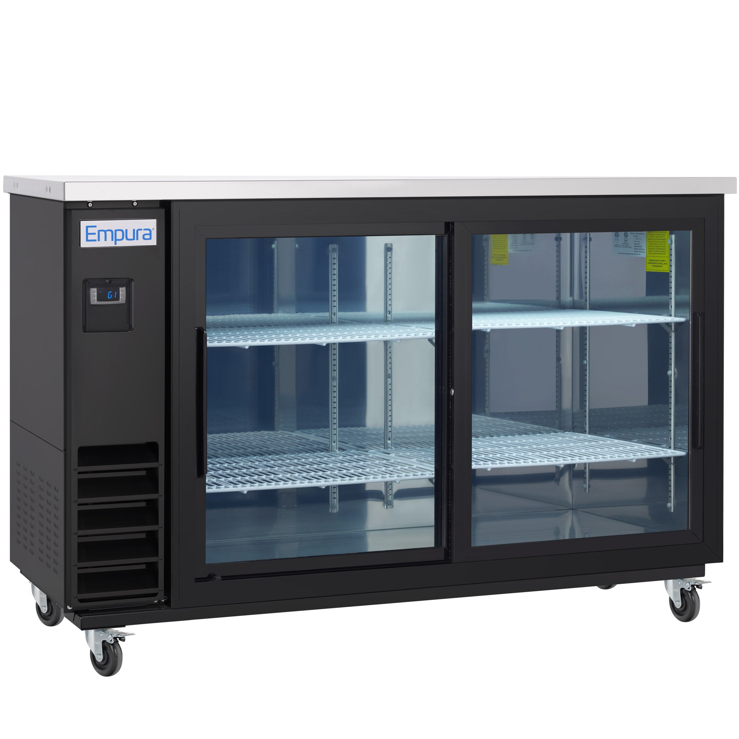 61" x 24" Sliding Glass Door Powder Coated Black Stainless Steel Commercial Back Bar Refrigerator