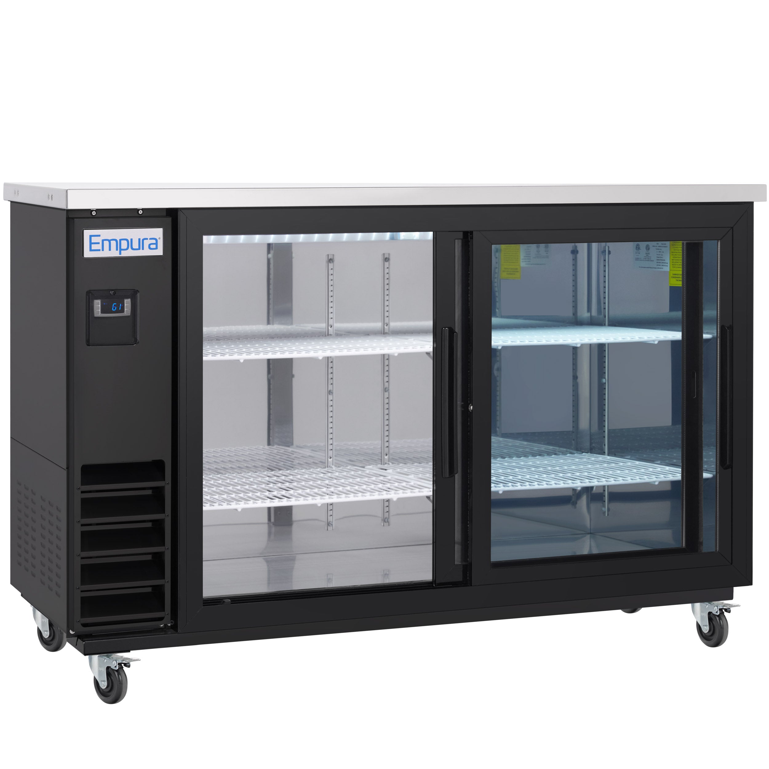 61" x 24" Sliding Glass Door Powder Coated Black Stainless Steel Commercial Back Bar Refrigerator