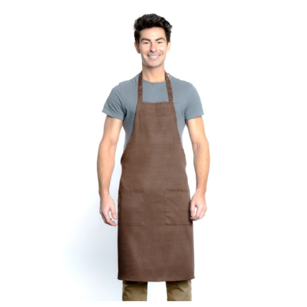 34" Poly-Cotton Brown Bib Apron with 2 Front Pockets