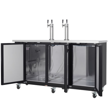 73" Dual Double Tap Commercial Kegerator Beer Dispenser - Black Powder-Coated Steel, Holds (3) 1/2 Kegs