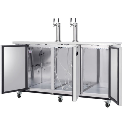 73" Dual Double Tap Commercial Kegerator Beer Dispenser - Stainless Steel, Holds (3) 1/2 Kegs