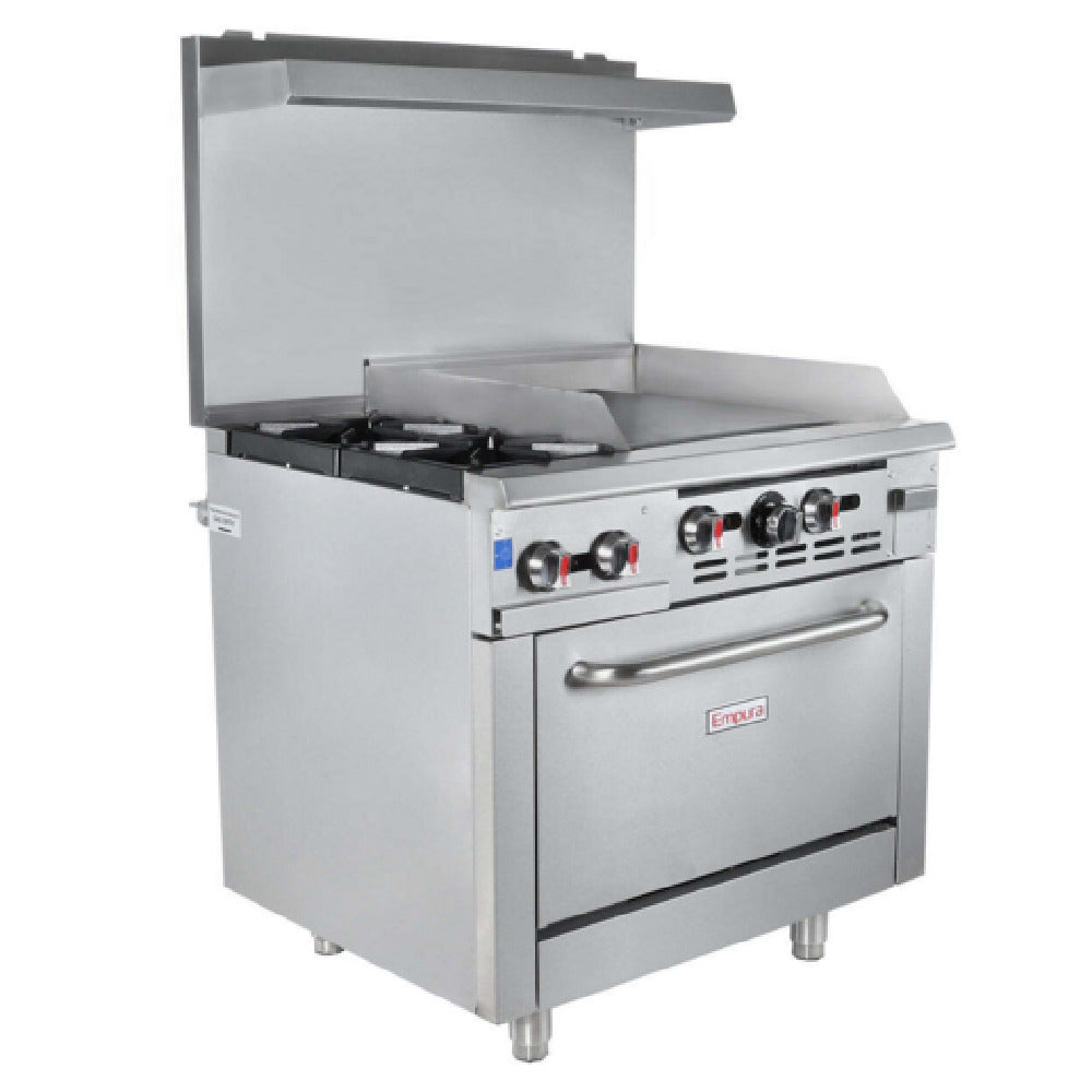 36" 2 Burner Commercial Liquid Propane Gas Range with 12" Griddle and Oven - 131,000 BTU