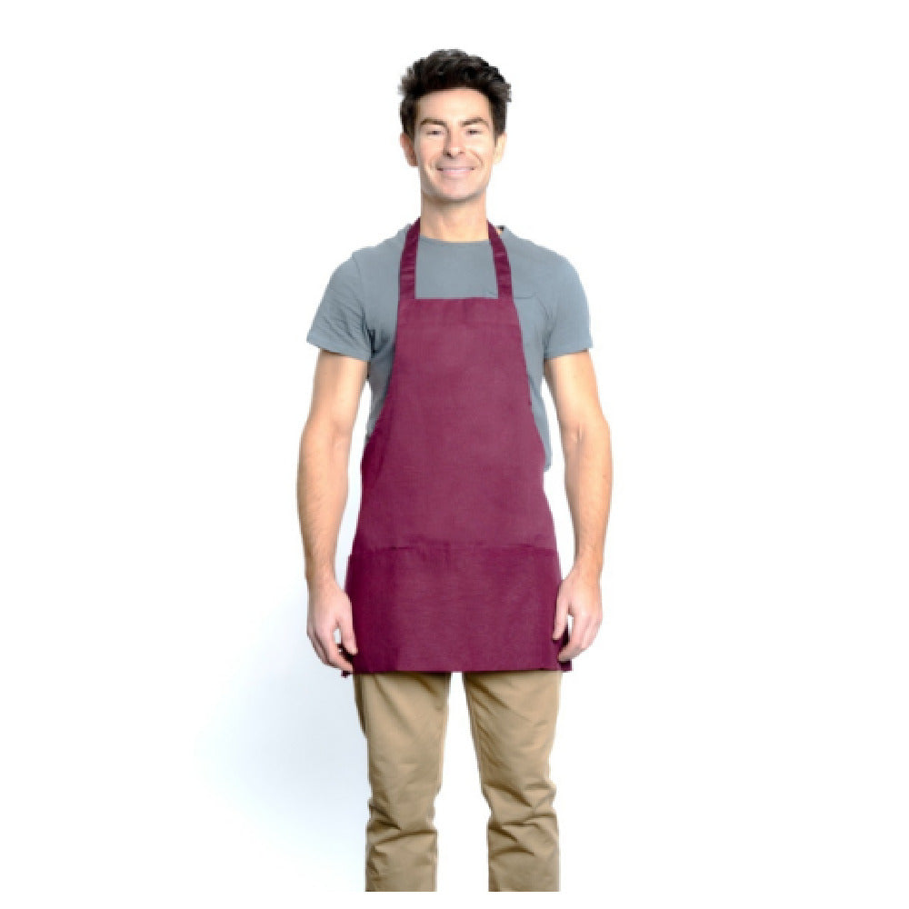 25" Poly-Cotton Burgundy Bib Apron Half Length with 2 Front Pockets