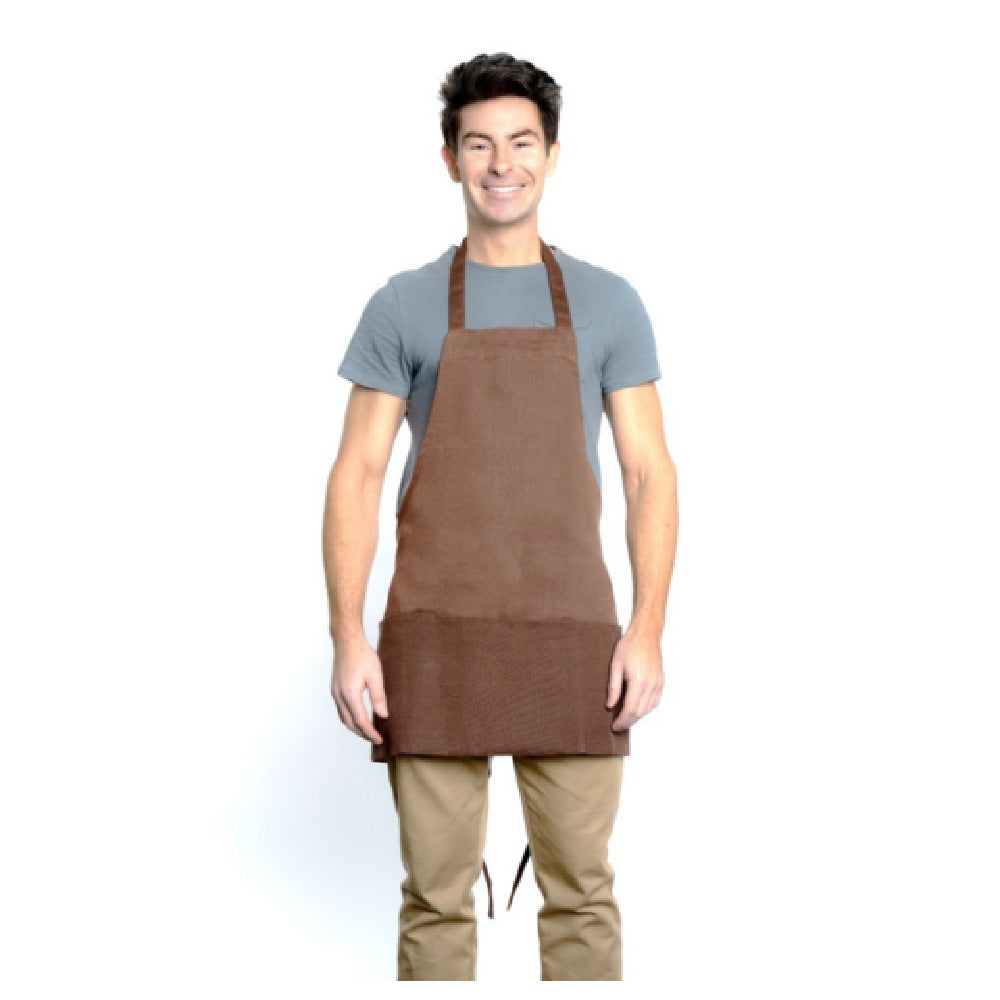 25" Poly-Cotton Brown Bib Apron Half Length with 2 Front Pockets