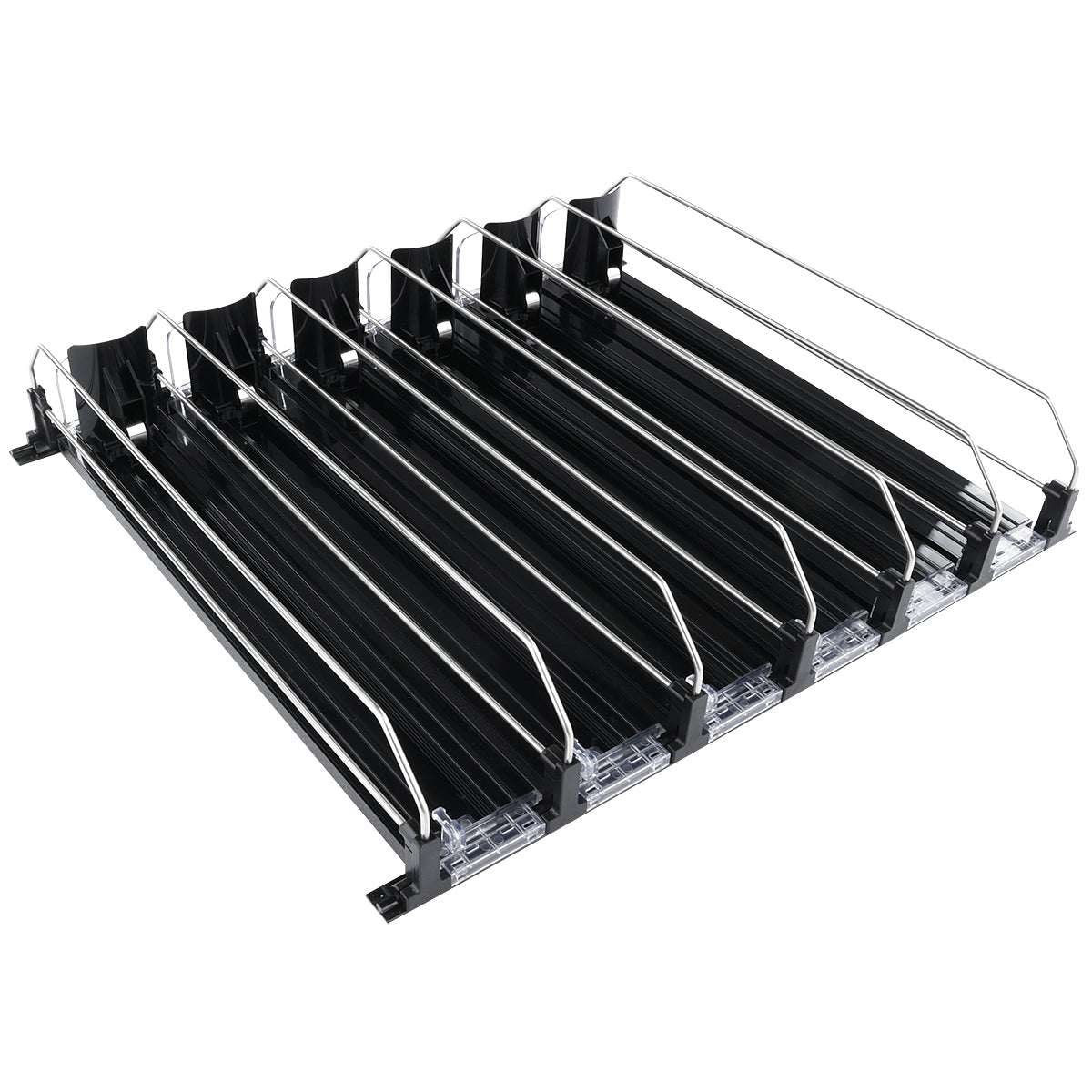 6-Lane Black Pusher Bottle Organizer for Refrigerated Shelving