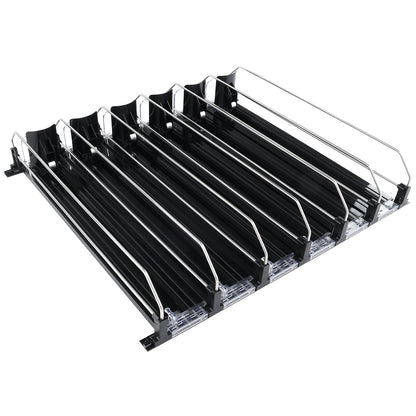 6-Lane Black Pusher Bottle Organizer for Refrigerated Shelving
