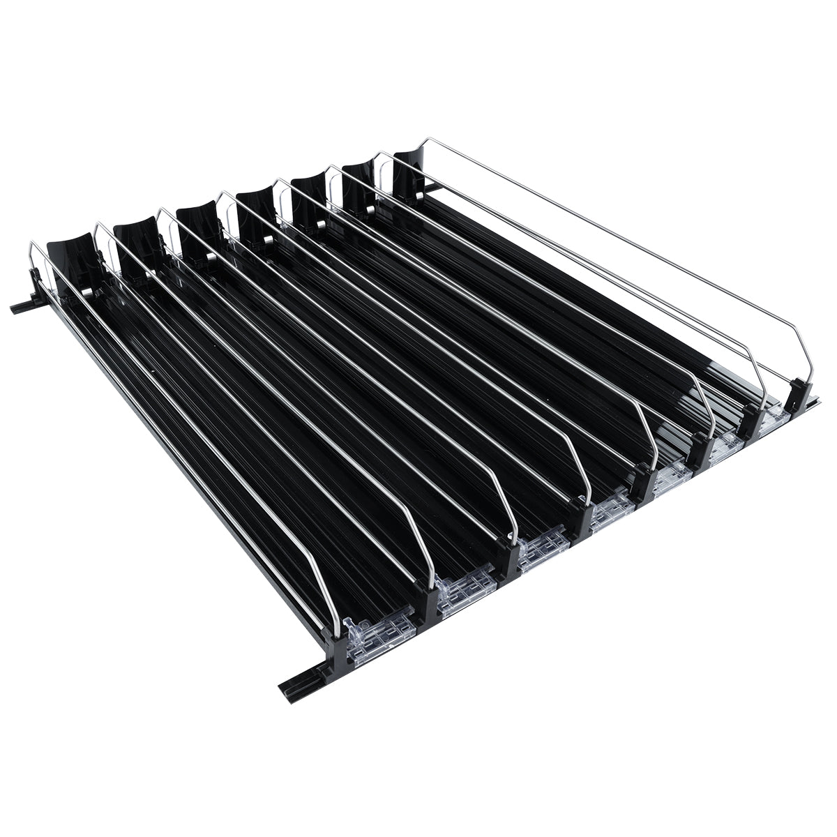 7-Lane Black Pusher Bottle Organizer for Refrigerated Shelving