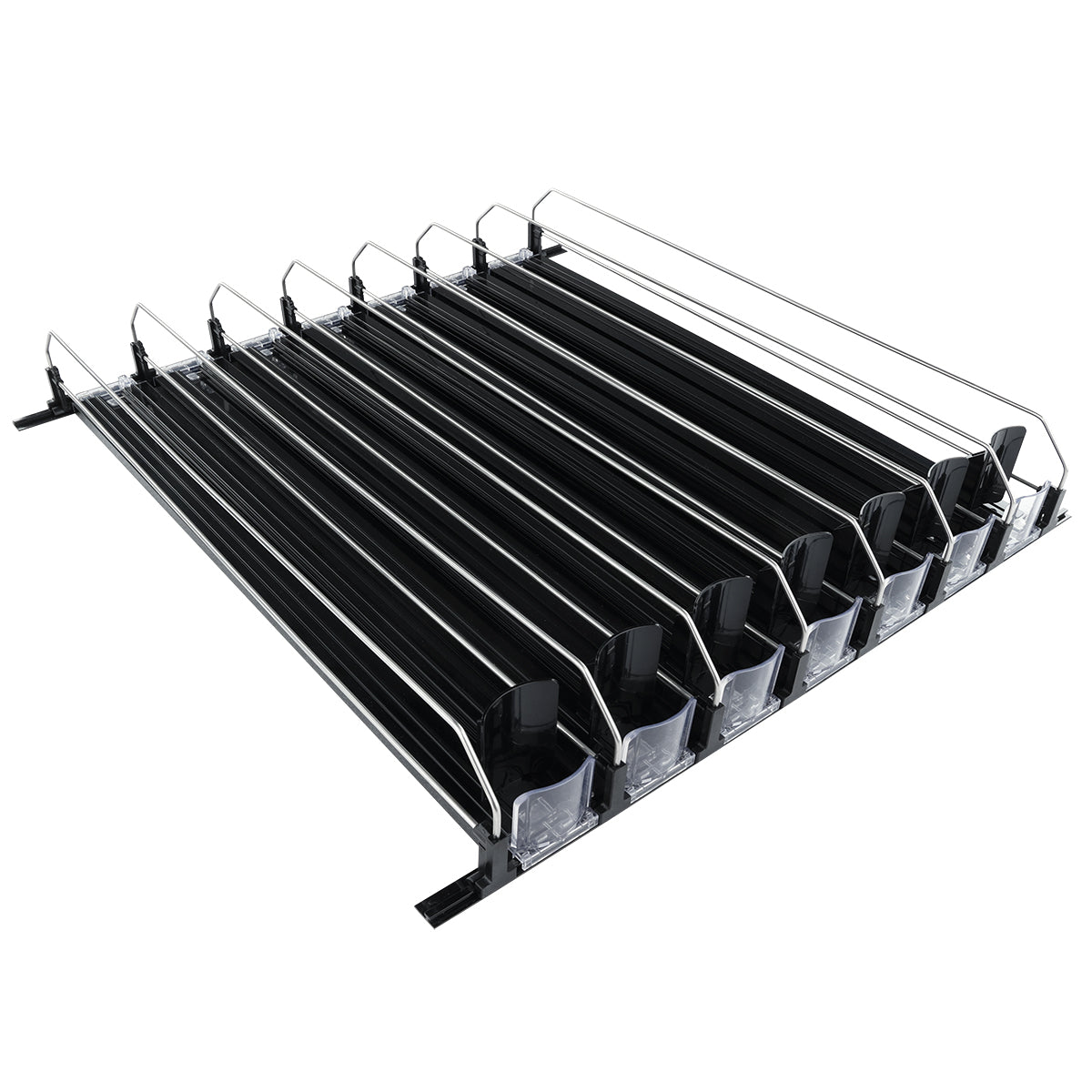 7-Lane Black Pusher Bottle Organizer for Refrigerated Shelving