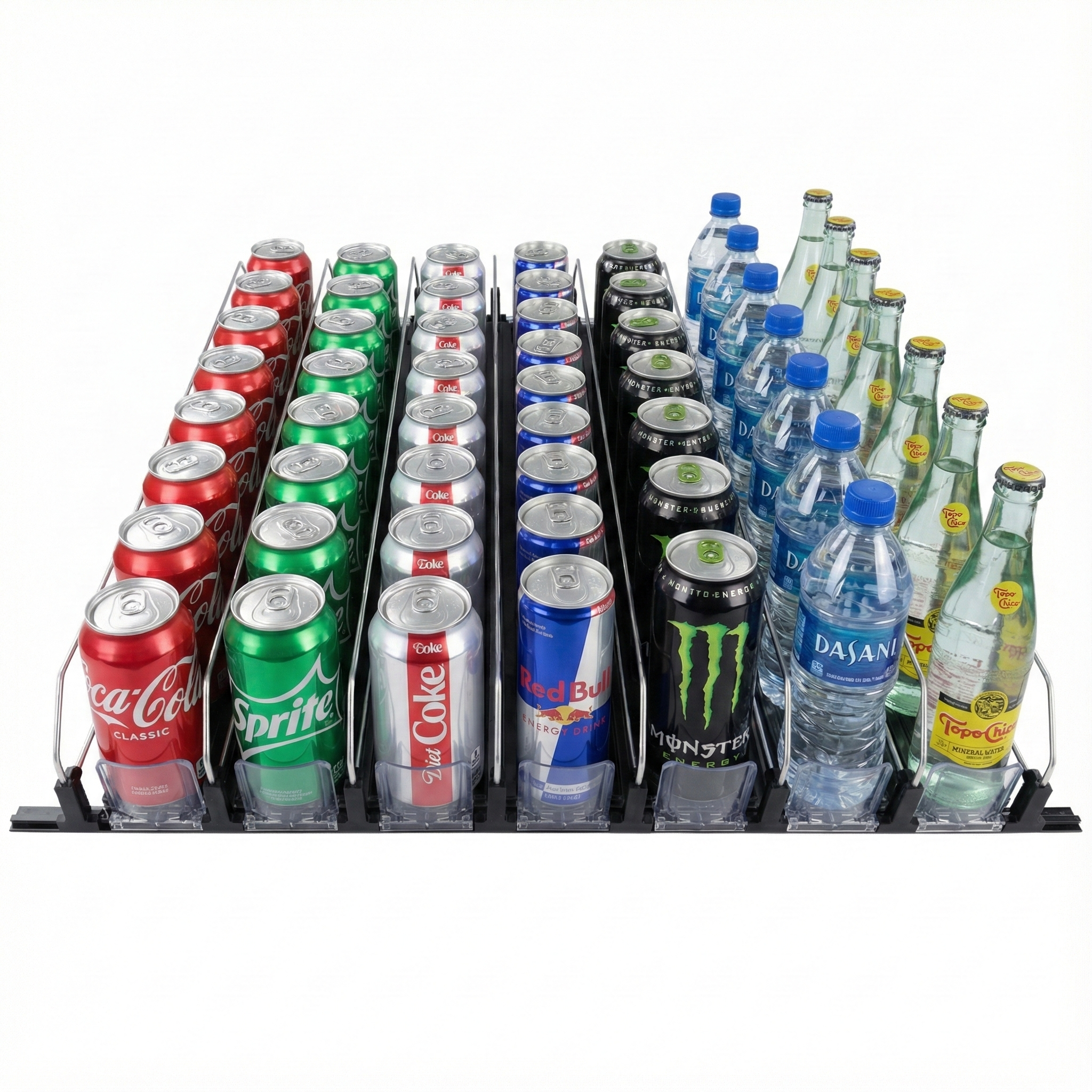 7-Lane Black Pusher Bottle Organizer for Refrigerated Shelving