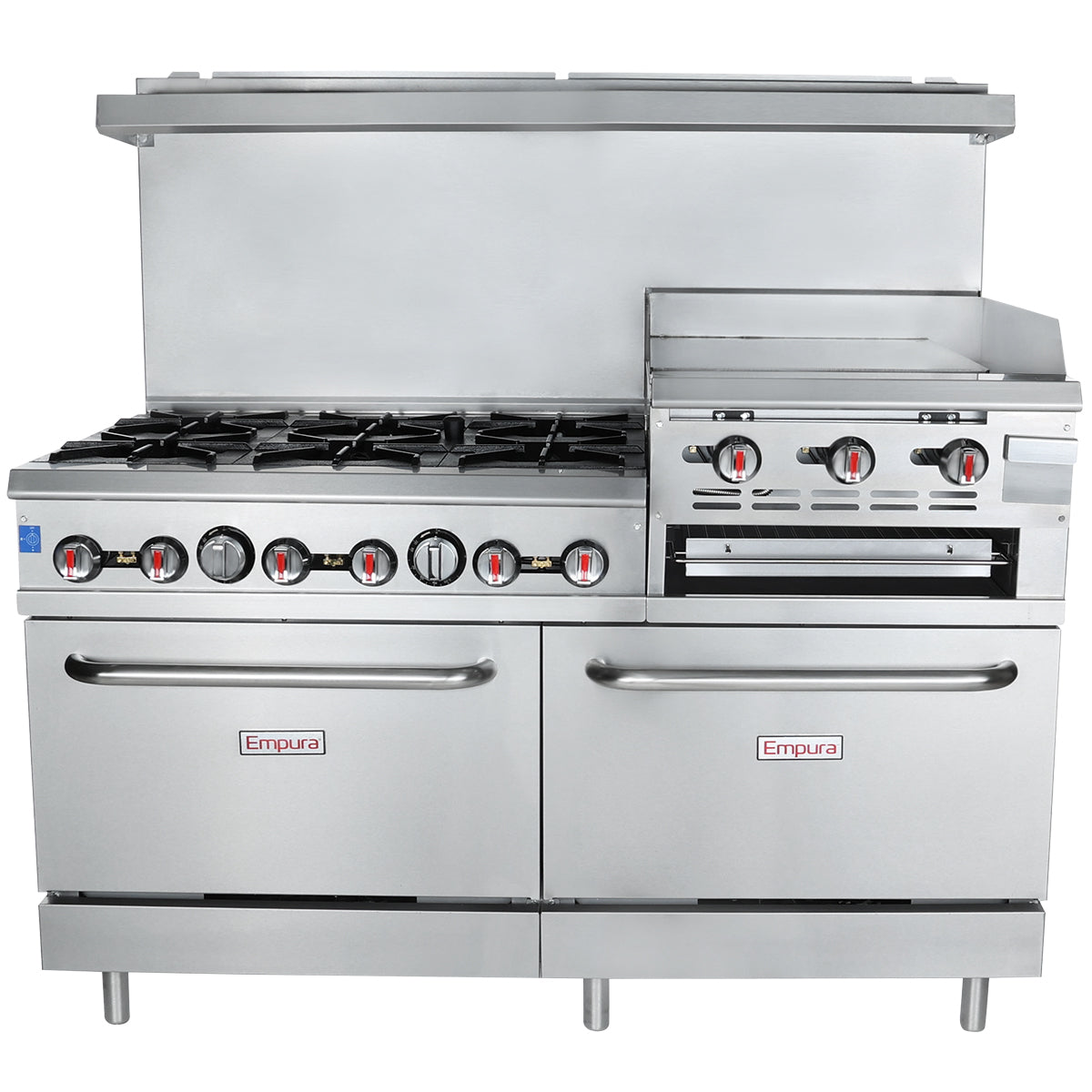 Empura EGR60-GS24_NAT Natural Gas 60" Wide Stainless Steel 6-Burner Gas Range with Elevated 24" Right Side Griddle / Built In Salamander Broiler and 2 Full Sized Standard Ovens - 276,000 BTU