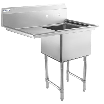 38.5" 16 Gauge Stainless Steel One Compartment Heavy Duty Sink with Stainless Steel Legs, Cross Bracing, and 1 Drainboard - 18" x 14" x 18" Bowl - Left Drainboard, NSF Sink, (1) One Compartment Empura