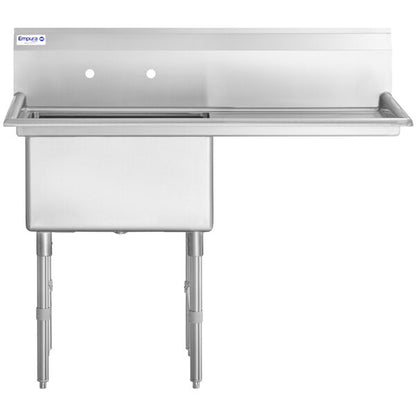 50.5" 16 Gauge Stainless Steel One Compartment Heavy Duty Sink with Stainless Steel Legs, Cross Bracing, and 1 Drainboard - 24" x 14" x 24" Bowl - Right Drainboard, NSF Sink, (1) One Compartment Empura