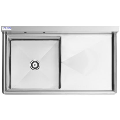 50.5" 16 Gauge Stainless Steel One Compartment Heavy Duty Sink with Stainless Steel Legs, Cross Bracing, and 1 Drainboard - 24" x 14" x 24" Bowl - Right Drainboard, NSF Sink, (1) One Compartment Empura