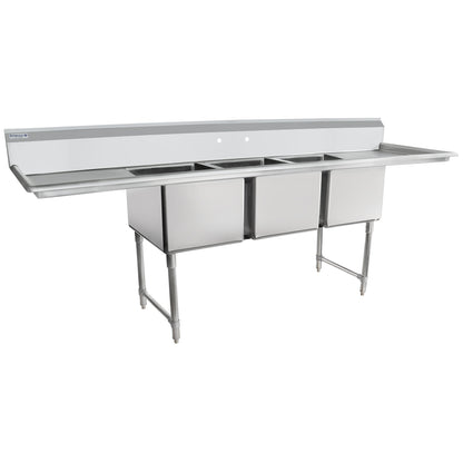 106" 16 Gauge Stainless Steel Three Compartment Heavy Duty Sink with Stainless Steel Legs, Cross Bracing, and 2 Drainboards - 24" x 14" x 18" Bowls, NSF Sink, (3) Three Compartment Empura