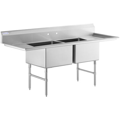 86" 16 Gauge Stainless Steel Two Compartment Heavy Duty Sink with Stainless Steel Legs, Cross Bracing, and 2 Drainboards - 24" x 14" x 24" Bowls, NSF Sink, (2) Two Compartment Empura