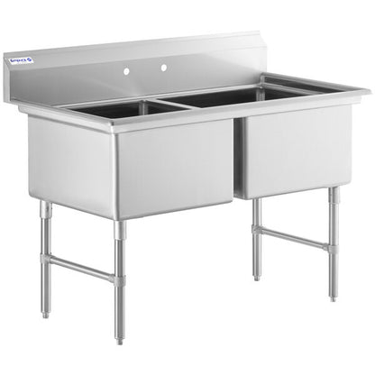 55" 16 Gauge Stainless Steel Two Compartment Heavy Duty Sink with Stainless Steel Legs, Cross Bracing, and without Drainboards - 24" x 14" x 24" Bowls, NSF Sink, (2) Two Compartment Empura