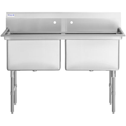 55" 16 Gauge Stainless Steel Two Compartment Heavy Duty Sink with Stainless Steel Legs, Cross Bracing, and without Drainboards - 24" x 14" x 24" Bowls, NSF Sink, (2) Two Compartment Empura