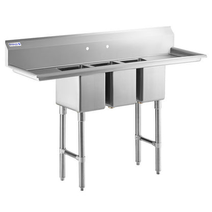 58" 16 Gauge Stainless Steel Three Compartment Heavy Duty Sink with Stainless Steel Legs, Cross Bracing, and 2 Drainboards - 14" x 10" x 10" Bowls, NSF Sink, (3) Three Compartment Empura