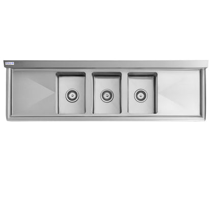 58" 16 Gauge Stainless Steel Three Compartment Heavy Duty Sink with Stainless Steel Legs, Cross Bracing, and 2 Drainboards - 14" x 10" x 10" Bowls, NSF Sink, (3) Three Compartment Empura