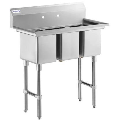 39" 16 Gauge Stainless Steel Three Compartment Heavy Duty Sink with Stainless Steel Legs, Cross Bracing, and without Drainboards - 14" x 10" x 10" Bowls, NSF Sink, (3) Three Compartment Empura