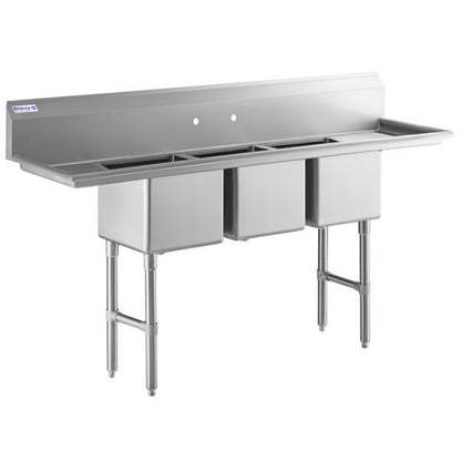 79" 16 Gauge Stainless Steel Three Compartment Heavy Duty Sink with Stainless Steel Legs, Cross Bracing, and 2 Drainboards - 15" x 12" x 15" Bowls, NSF Sink, (3) Three Compartment Empura