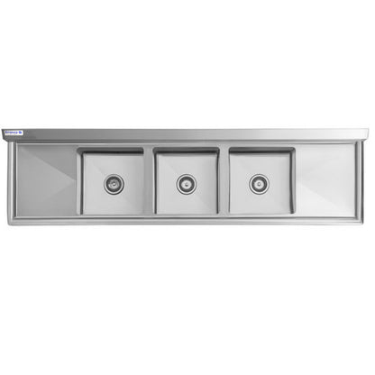 79" 16 Gauge Stainless Steel Three Compartment Heavy Duty Sink with Stainless Steel Legs, Cross Bracing, and 2 Drainboards - 15" x 12" x 15" Bowls, NSF Sink, (3) Three Compartment Empura
