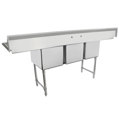 88" 16 Gauge Stainless Steel Three Compartment Heavy Duty Sink with Stainless Steel Legs, Cross Bracing, and 2 Drainboards - 20" x 14" x 16" Bowls, NSF Sink, (3) Three Compartment Empura