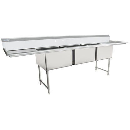 124" 16 Gauge Stainless Steel Three Compartment Heavy Duty Sink with Stainless Steel Legs, Cross Bracing, and 2 Drainboards - 24" x 14" x 24" Bowls, NSF Sink, (3) Three Compartment Empura