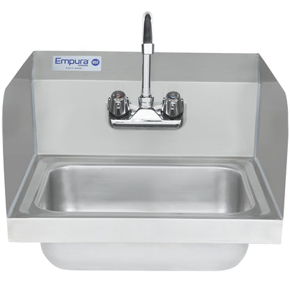 17" Wall Mounted Commercial 20 Gauge Stainless Hand Sink with Gooseneck Faucet and Side Splashes, NSF Sink, Hand Empura