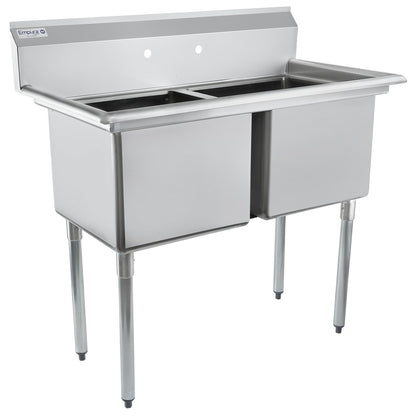 43" 18 Gauge Stainless Steel Two Compartment Standard Duty Sink with Galvanized Legs, Cross Bracing, and without Drainboards - 18" x 14" x 18" Bowls, NSF Sink, (2) Two Compartment Empura