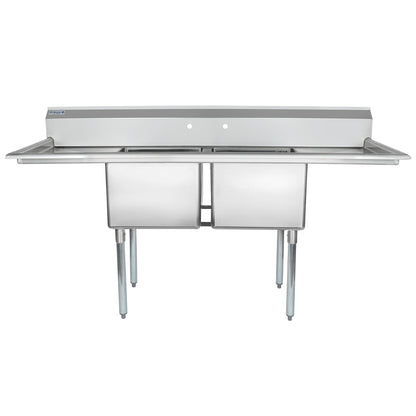 74" 18 Gauge Stainless Steel Two Compartment Standard Duty Sink with Galvanized Legs and 2 Drainboards - 18" x 14" x 18" Bowls, NSF Sink, (2) Two Compartment Empura