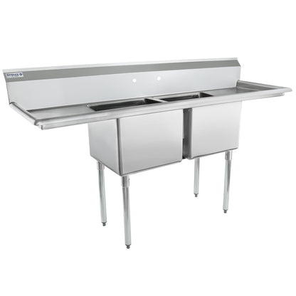74" 18 Gauge Stainless Steel Two Compartment Standard Duty Sink with Galvanized Legs and 2 Drainboards - 18" x 14" x 18" Bowls, NSF Sink, (2) Two Compartment Empura