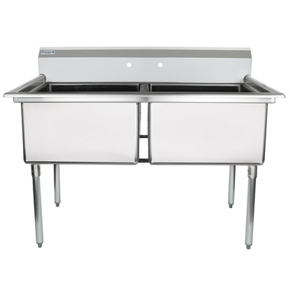 55" 18 Gauge Stainless Steel Two Compartment Standard Duty Sink with Galvanized Legs, Cross Bracing, and without Drainboards - 24" x 14" x 24" Bowls, NSF Sink, (2) Two Compartment Empura
