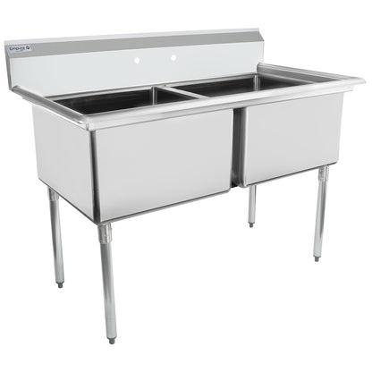 55" 18 Gauge Stainless Steel Two Compartment Standard Duty Sink with Galvanized Legs, Cross Bracing, and without Drainboards - 24" x 14" x 24" Bowls, NSF Sink, (2) Two Compartment Empura