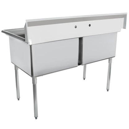 55" 18 Gauge Stainless Steel Two Compartment Standard Duty Sink with Galvanized Legs, Cross Bracing, and without Drainboards - 24" x 14" x 24" Bowls, NSF Sink, (2) Two Compartment Empura
