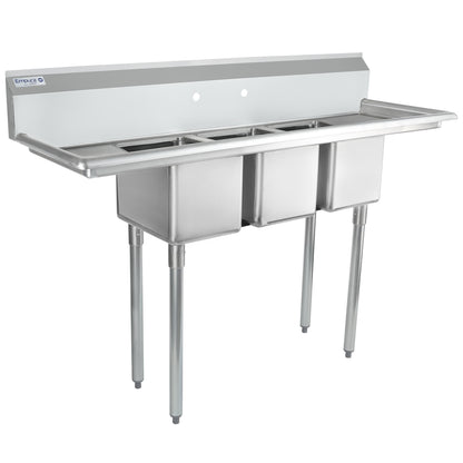 58" 18 Gauge Stainless Steel Three Compartment Standard Duty Sink with Galvanized Legs and 2 Drainboards - 14" x 10" x 10" Bowls, NSF Sink, (3) Three Compartment Empura