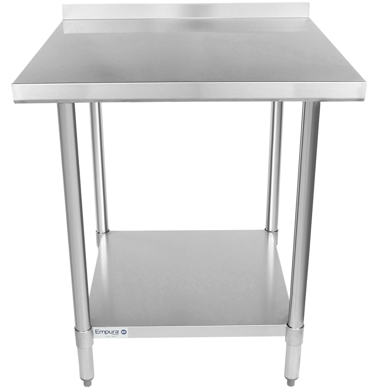 Empura 30" x 30" 18-Gauge 430 Stainless Steel Commercial Work Table with 2" Backsplash Galvanized Legs and Undershelf