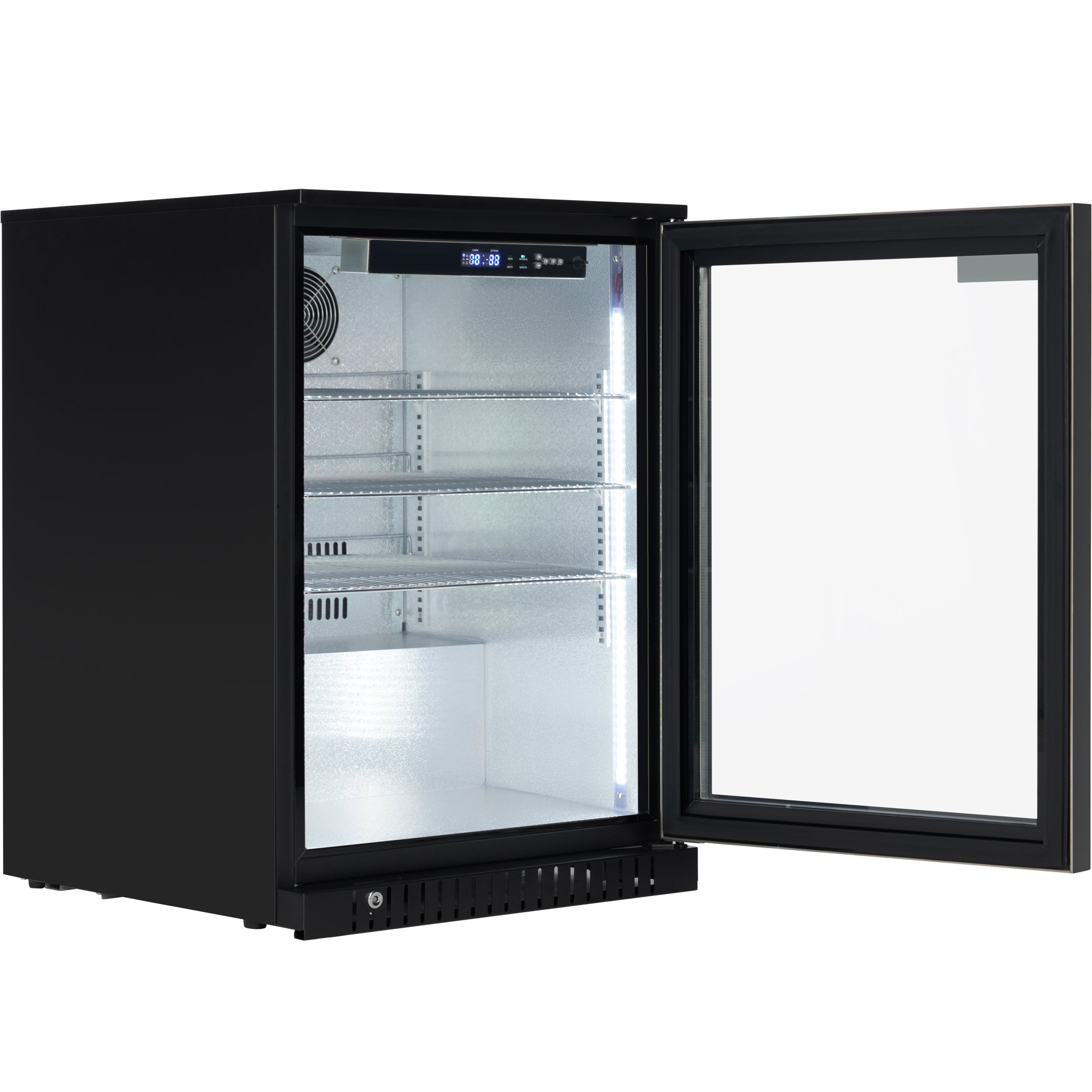 24" Undercounter Black Swing Commercial Glass Door Merchandiser Refrigerator - 6 cu ft