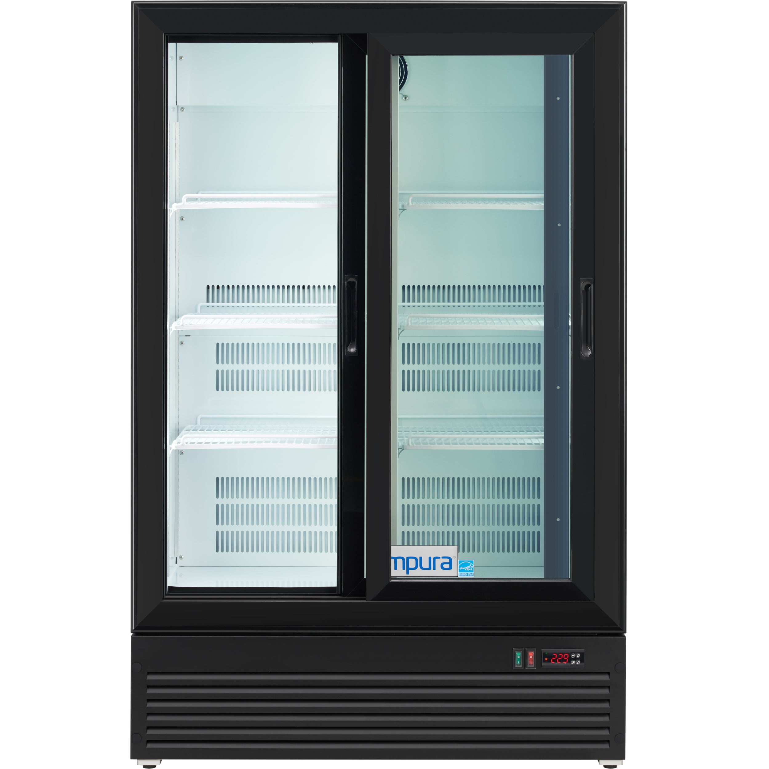 36" Black Swing Commercial Glass 2 Door Merchandiser Refrigerator with ClearKeeper™ Glass - 10 cu ft ENERGY STAR®