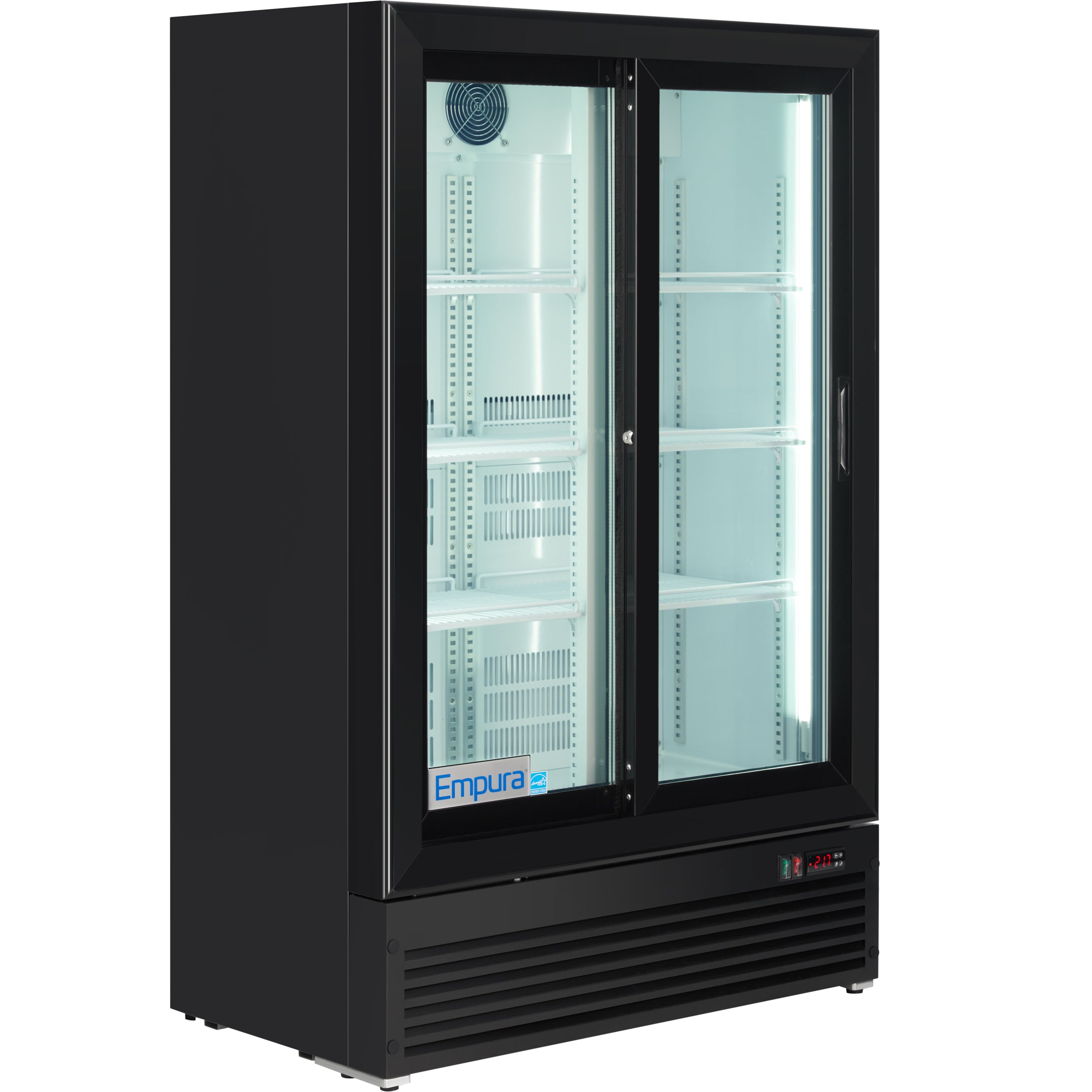 36" Black Swing Commercial Glass 2 Door Merchandiser Refrigerator with ClearKeeper™ Glass - 10 cu ft ENERGY STAR®