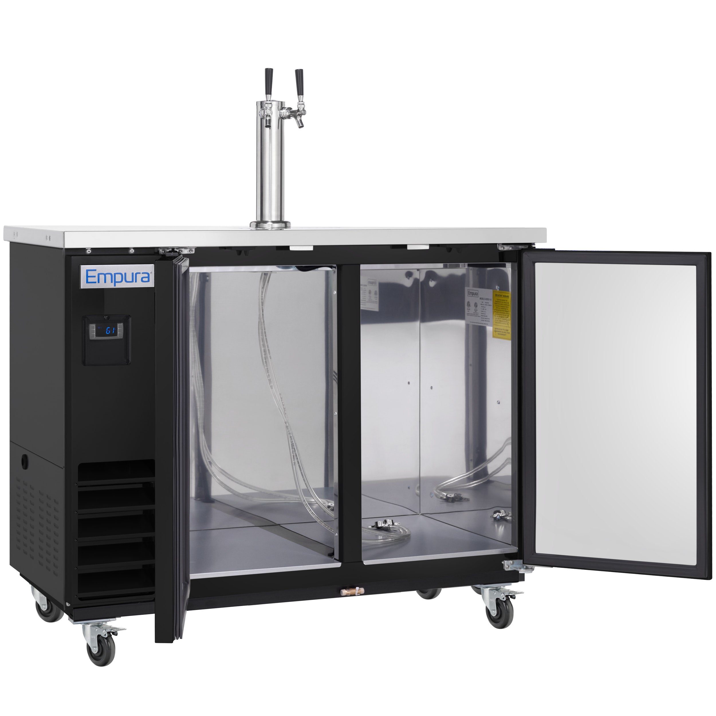 49" Double Tap Commercial Kegerator Beer Dispenser - Black Powder-Coated Steel, Holds (2) 1/2 Kegs