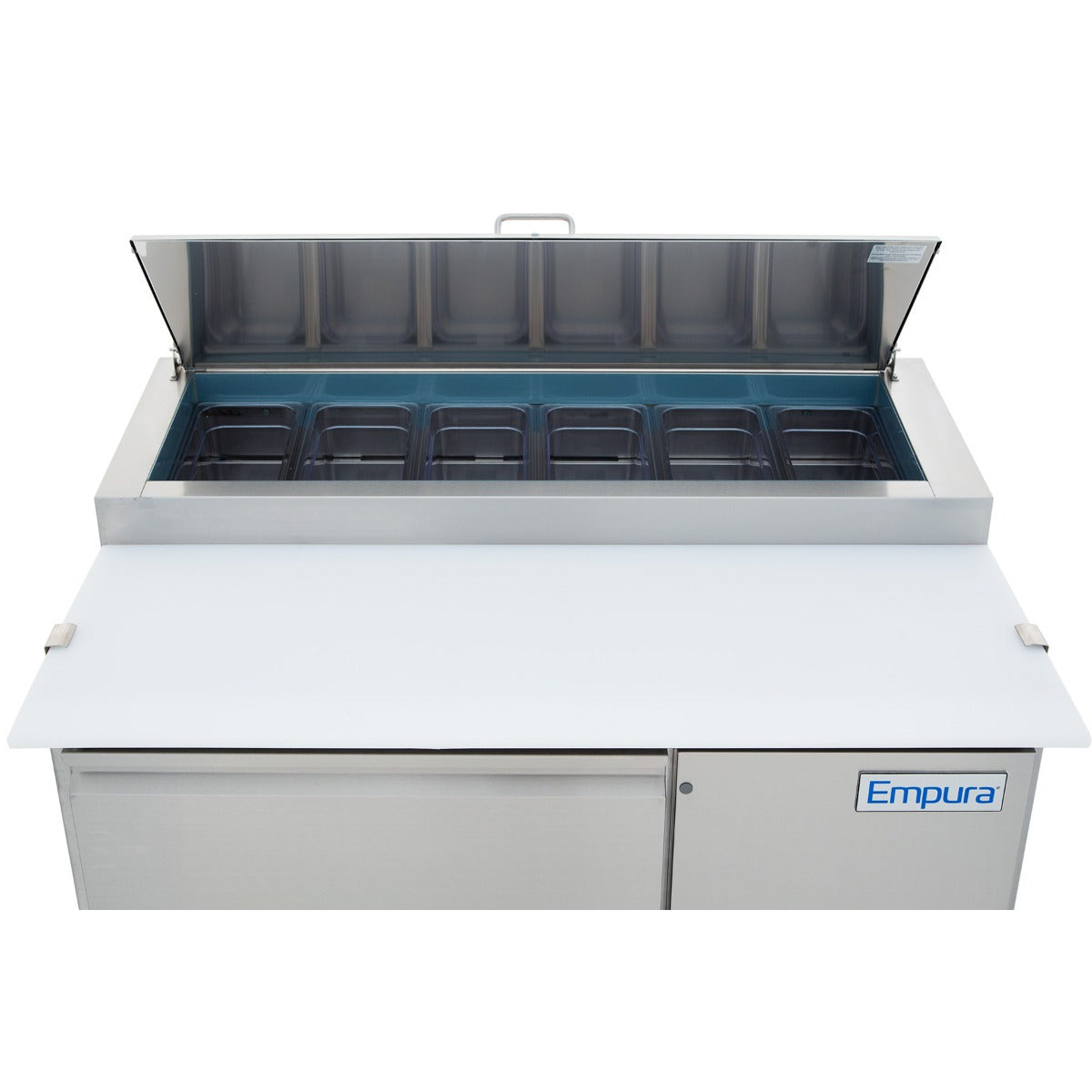 Empura E-KPP44 47.4" Stainless Steel Insulated Pizza Prep Table With 6 Pans And 1 Solid Door - 12 Cu Ft, 115 Volts