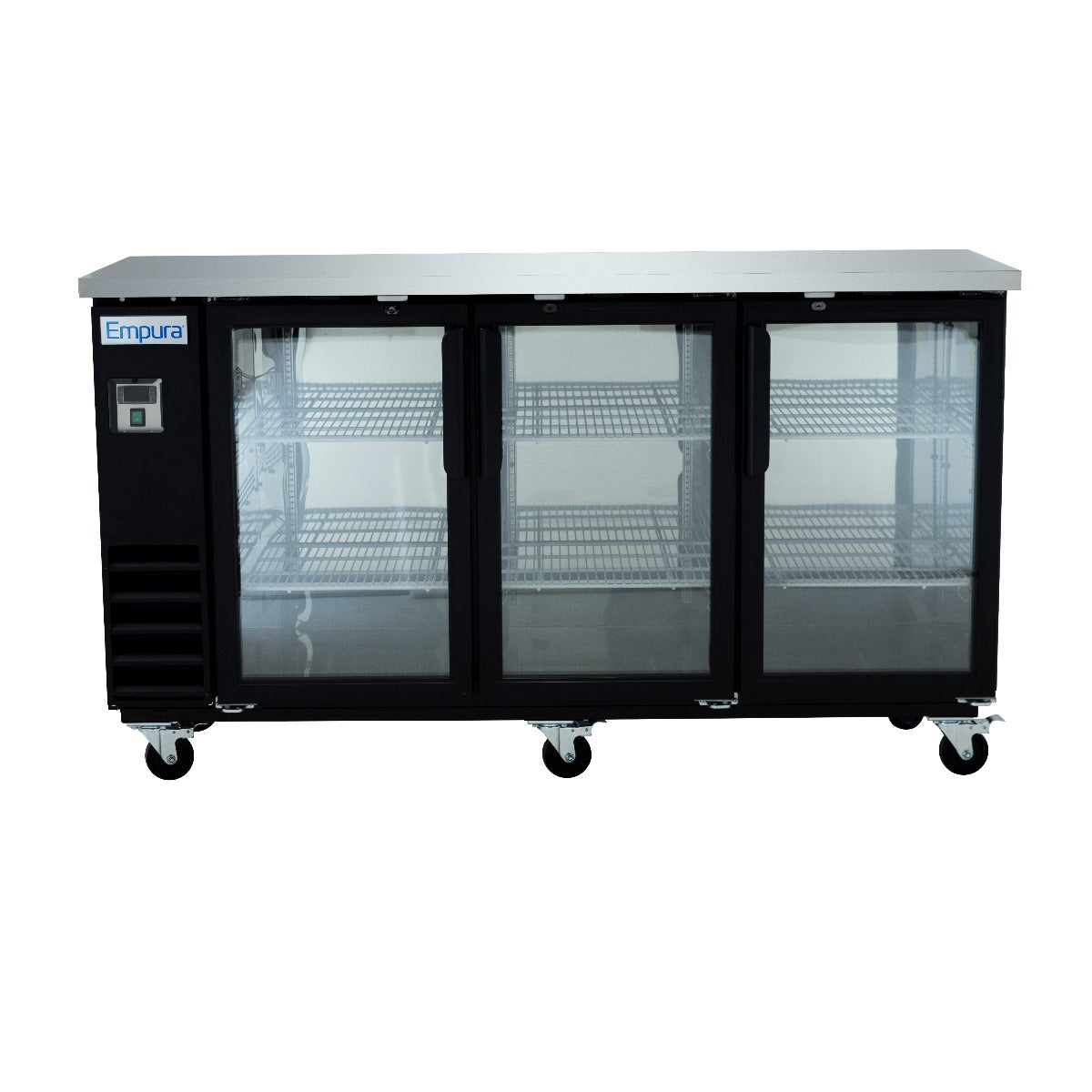 Empura E-KBB72-3G-24 72" Three Glass Door Refrigerated Back Bar Storage Cabinet, Black Exterior with Stainless Steel Top - 20.8 Cu Ft