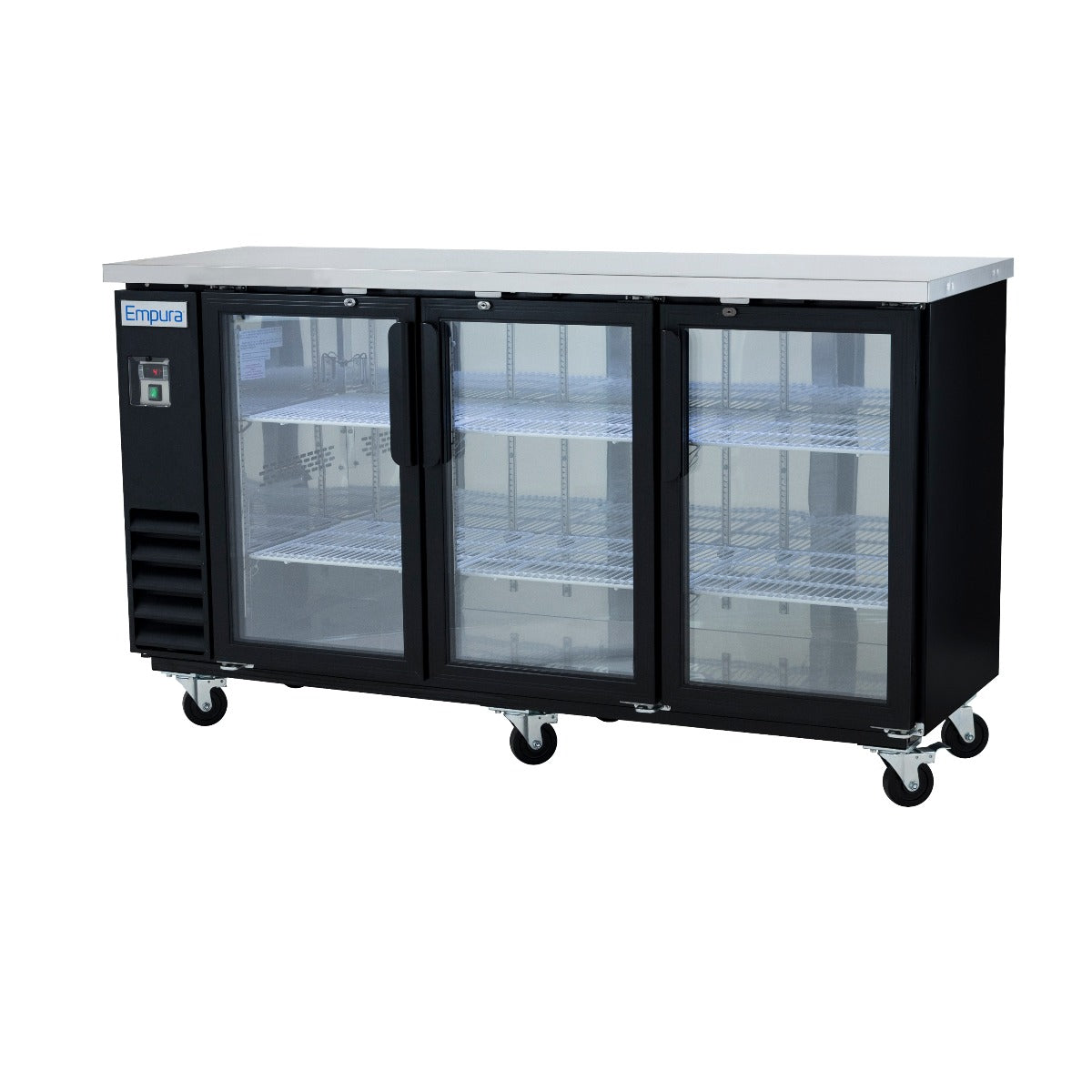 Empura E-KBB72-3G-24 72" Three Glass Door Refrigerated Back Bar Storage Cabinet, Black Exterior with Stainless Steel Top - 20.8 Cu Ft