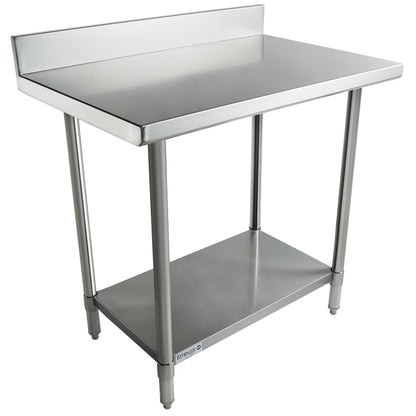 36" x 24" Super Duty Work Table 16 Gauge Stainless Steel with 4" Backsplash and 18 Gauge Stainless Steel Undershelf, NSF Work Table, 36" - 38", Stainless Steel Top Empura