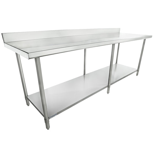 Empura 96" x 30" 16-Gauge 304 Stainless Steel Commercial Work Table with 4" Backsplash plus 430 Stainless Steel Legs and Undershelf