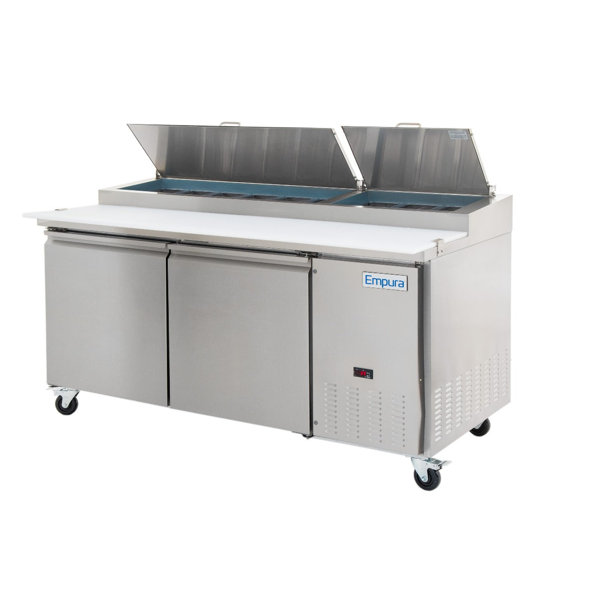 Empura E-KPP67 70.8" Stainless Steel Insulated Pizza Prep Table With 9 Pans And 2 Solid Doors - 22 Cu Ft, 115 Volts