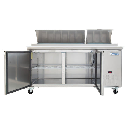 71" 2 Door Commercial Refrigerated Stainless Steel Pizza Prep Table Refrigerated Counter, Pizza Prep Table Empura