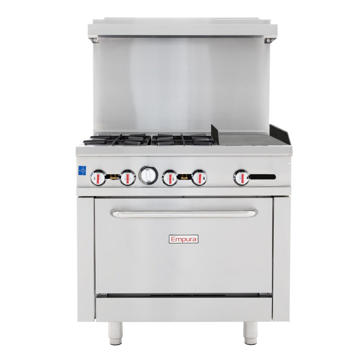 Empura EGR36-G12_NAT Natural Gas 36" Wide Stainless Steel 4-Burner Gas Range with 12" Right Side Griddle and 1 Full Sized Standard Oven - 170,000 BTU